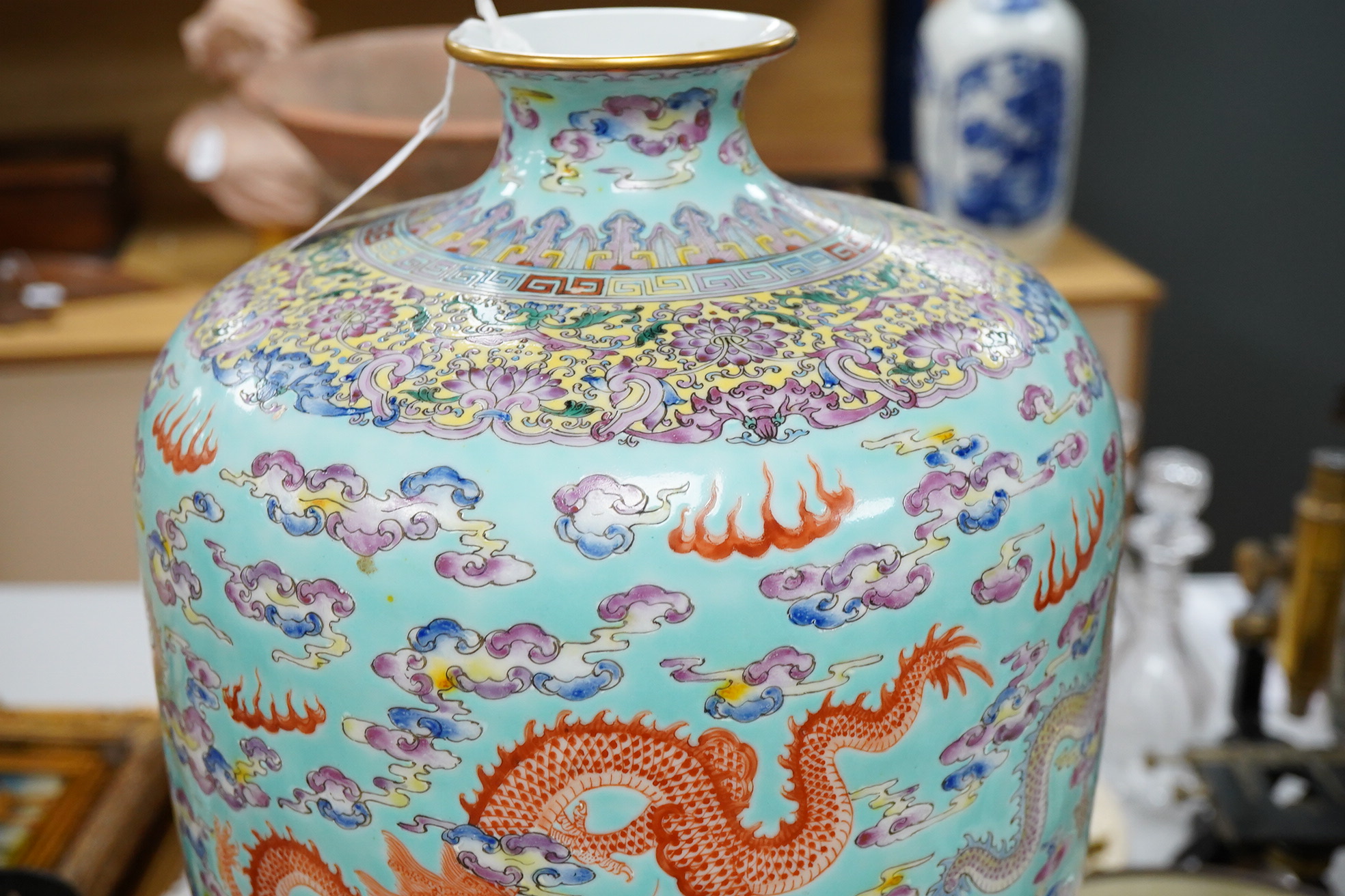 A large Chinese turquoise ground 'dragon' vase, 60cm high